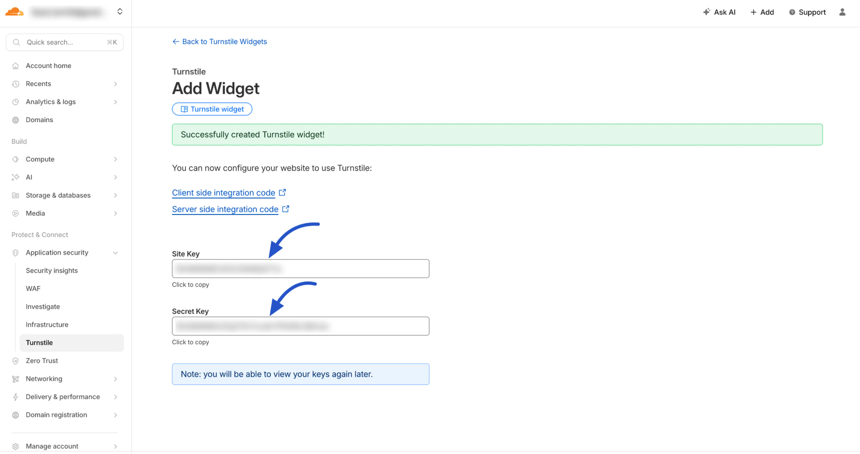 Copy the Site Key and Secret Key.