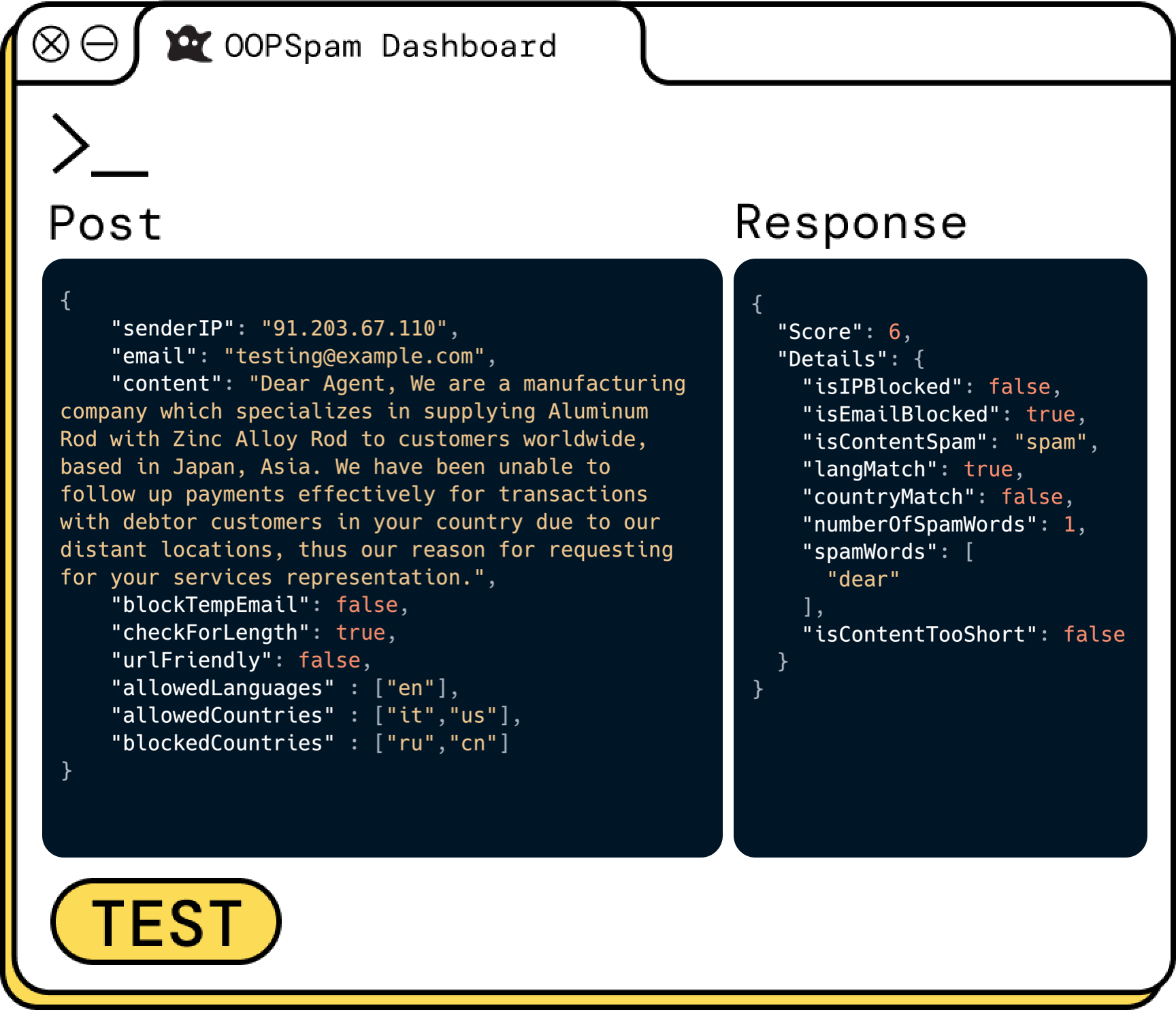 OOPSpam API request and response example