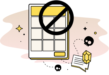 A form crossed out with a no sign, next to skull icons and a gem, showing spam blocked without a CAPTCHA