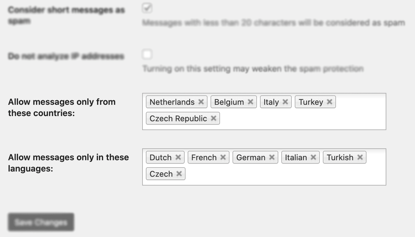OOPSpam Country and Language Restrictions in WordPress plugin setting