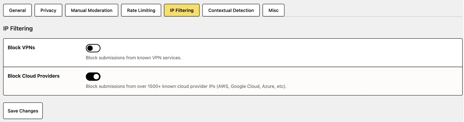 IP Filtering settings with switches to block VPNs and to block over 1,500 known cloud provider IP ranges such as AWS, Google Cloud and Azure