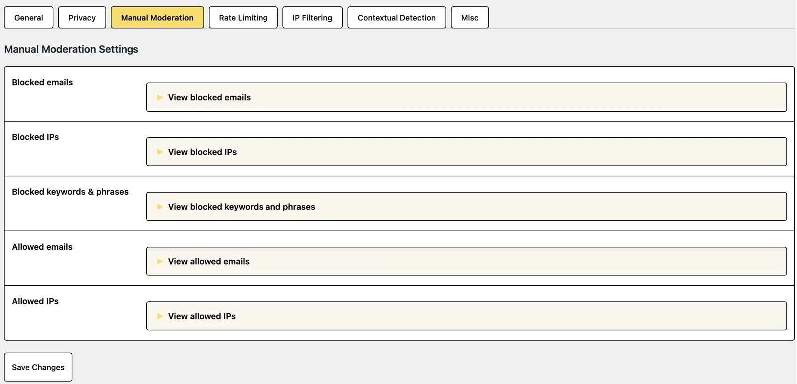 Manual Moderation settings with lists of blocked emails, blocked IPs, blocked keywords and phrases, allowed emails and allowed IPs