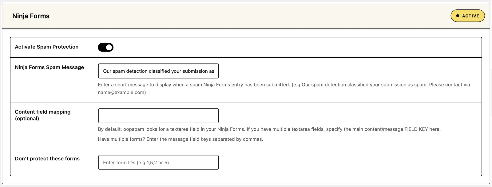 The Ninja Forms section of the oopspam Anti-Spam settings: Activate Spam Protection switched on, the spam message, content field mapping and the list of forms not to protect