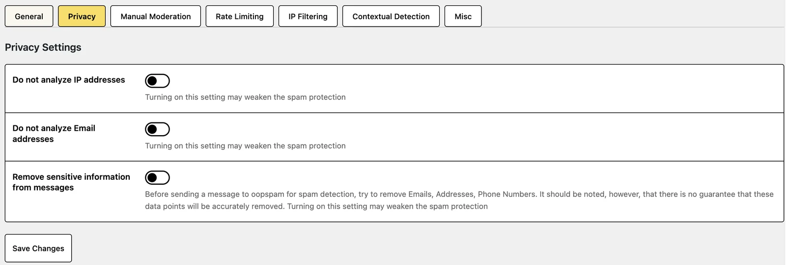 Privacy settings with switches to stop analyzing IP addresses, stop analyzing email addresses and remove sensitive information from messages