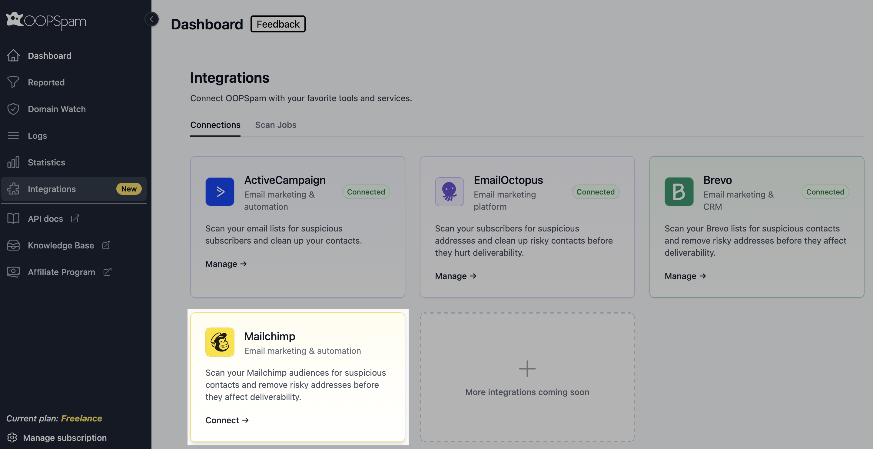 Go to your OOPSpam Dashboard and click Integrations in the left sidebar.