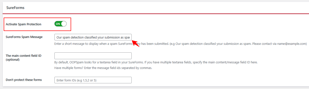 Activate Spam Protection on SureForms 