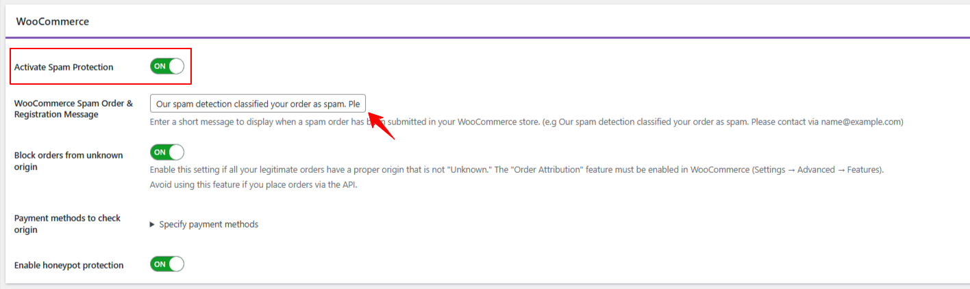 Toggle ON "Activate Spam Protection" to enable spam filtering.