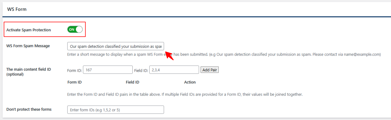 Activate Spam Protection option for WS Form