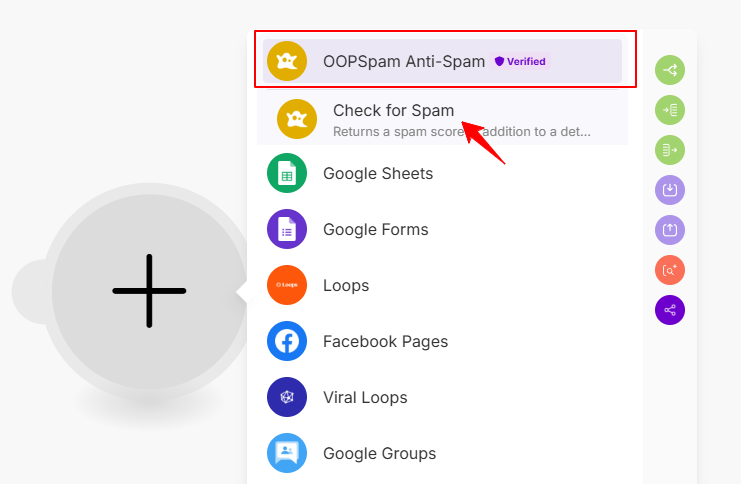 Search for "OOPSpam Anti-Spam" and select "Check for Spam" from the list of actions.