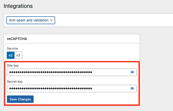 Get site and secret keys from reCAPTCHA. Apply them to your HappyForms fields.