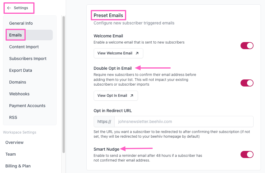 2. Turn on Double Opt-In and Smart Nudge 2. Turn on Double Opt-In and Smart Nudge