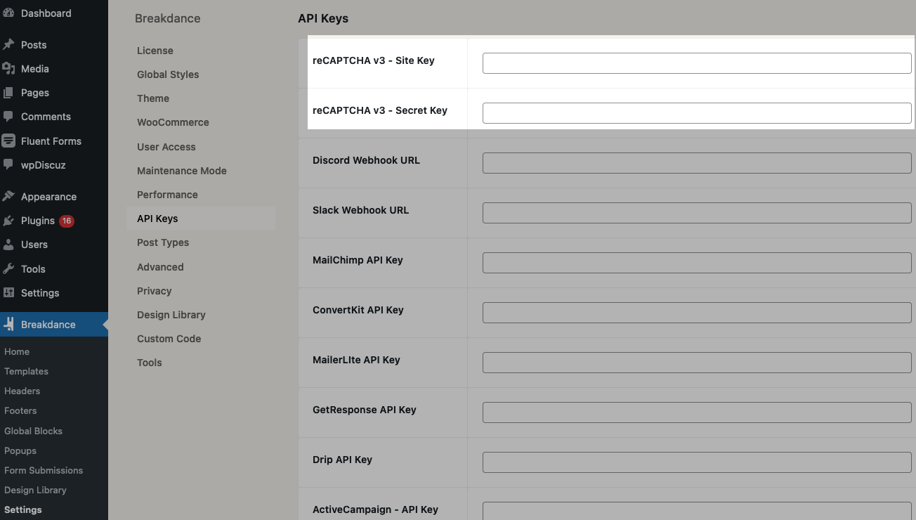 Breakdance reCaptcha keys settings