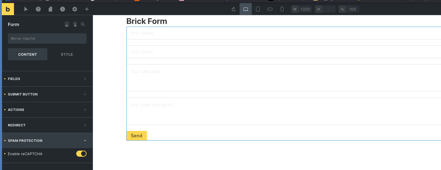 Bricks Form Element enabling reCaptcha