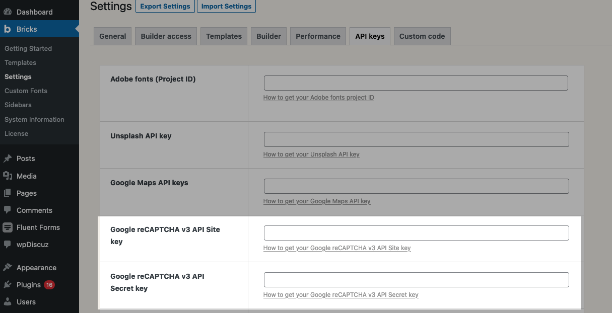 Bricks builder reCAPTCHA setting