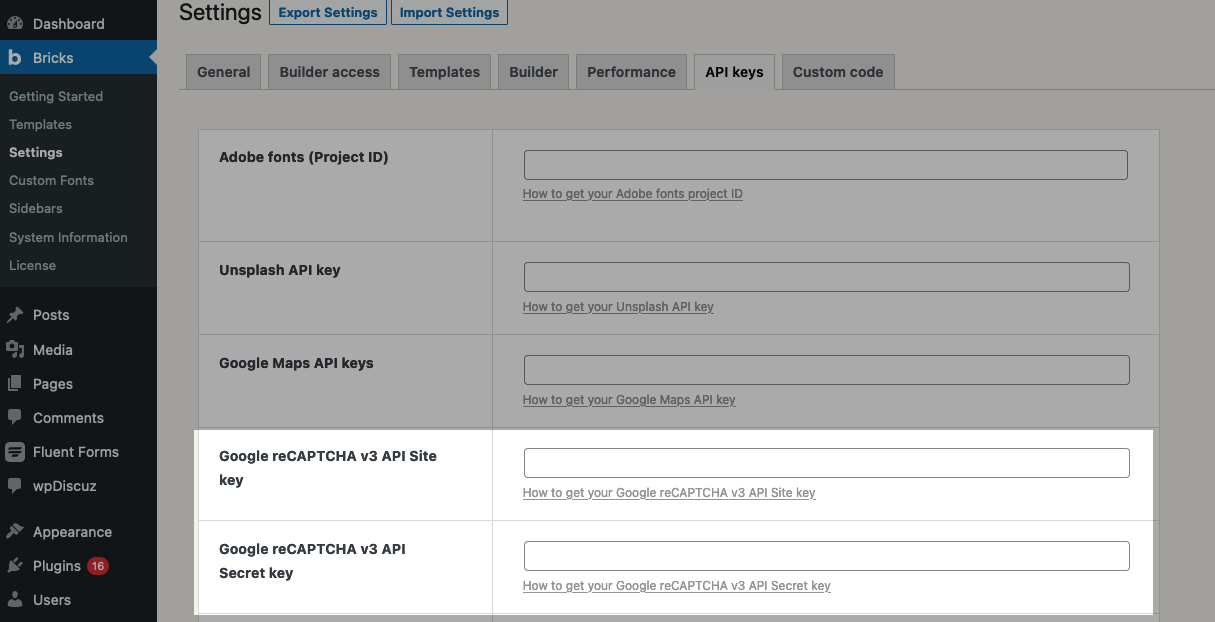 Bricks builder reCaptcha setting