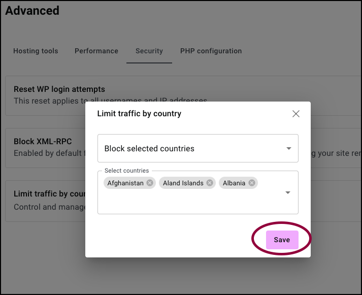 Use the dropdown to select countries to block or allow