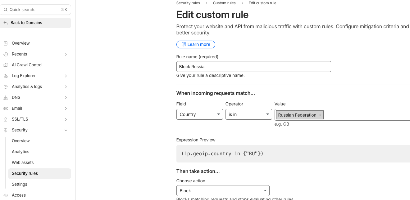 Blocking Countries in Cloudflare