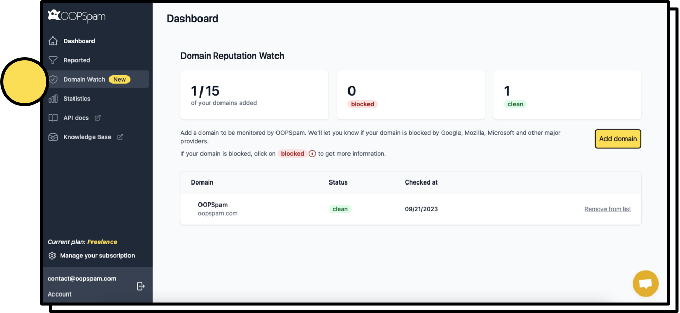 Domain Reputation Watch on OOPSpam dashboard