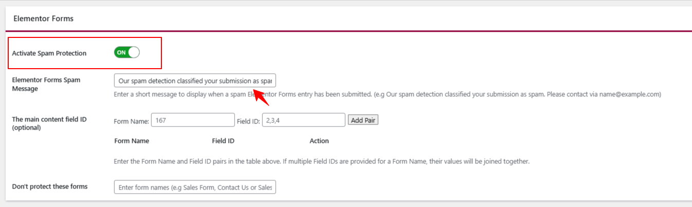 Toggle on Activate Spam Protection on a special section labeled Elementor Forms