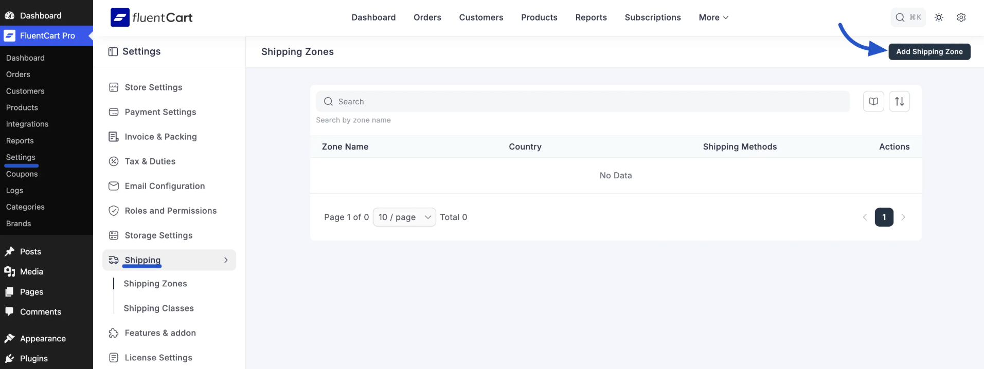 Open the Shipping tab, then the Shipping Zones sub-tab.