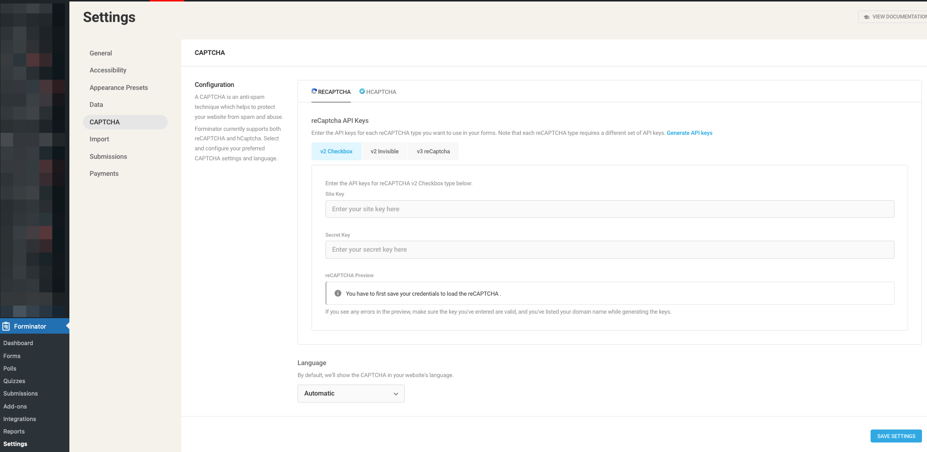 Forminator Captcha Settings