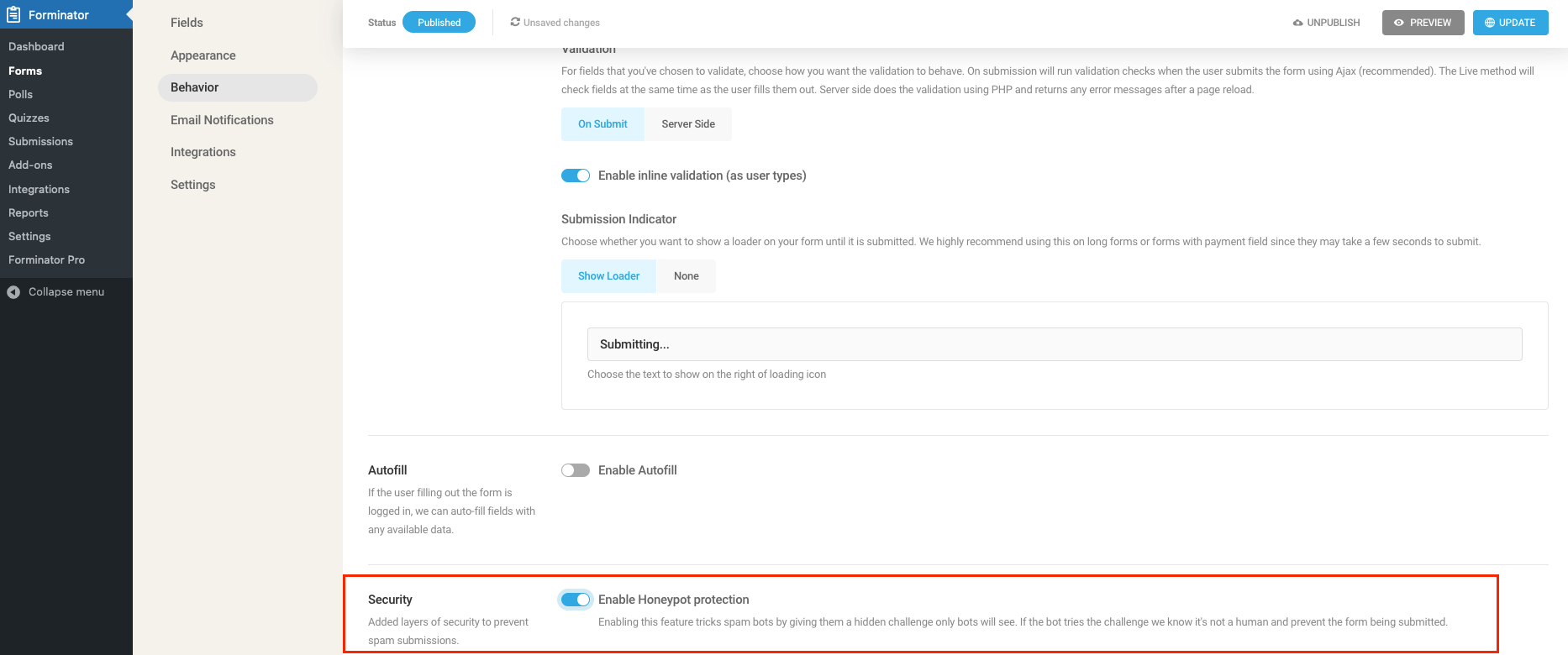 Forminator Anti-spam honeypot