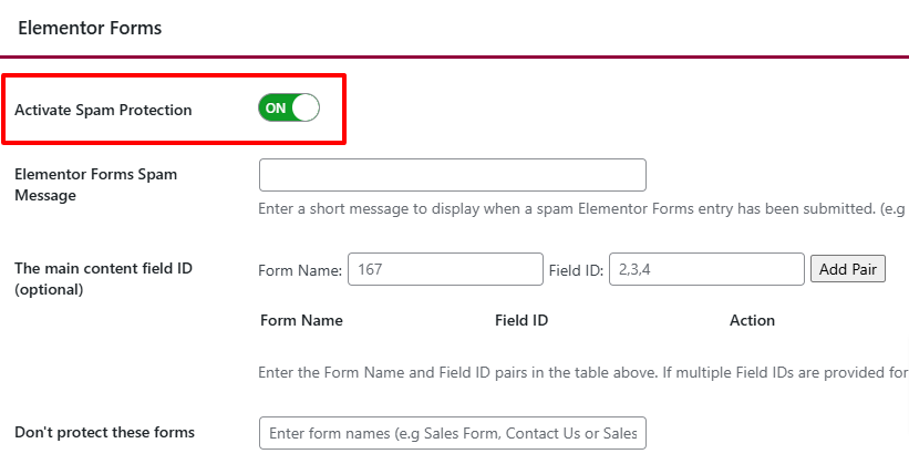 Elementor Forms settings with spam protection activated.