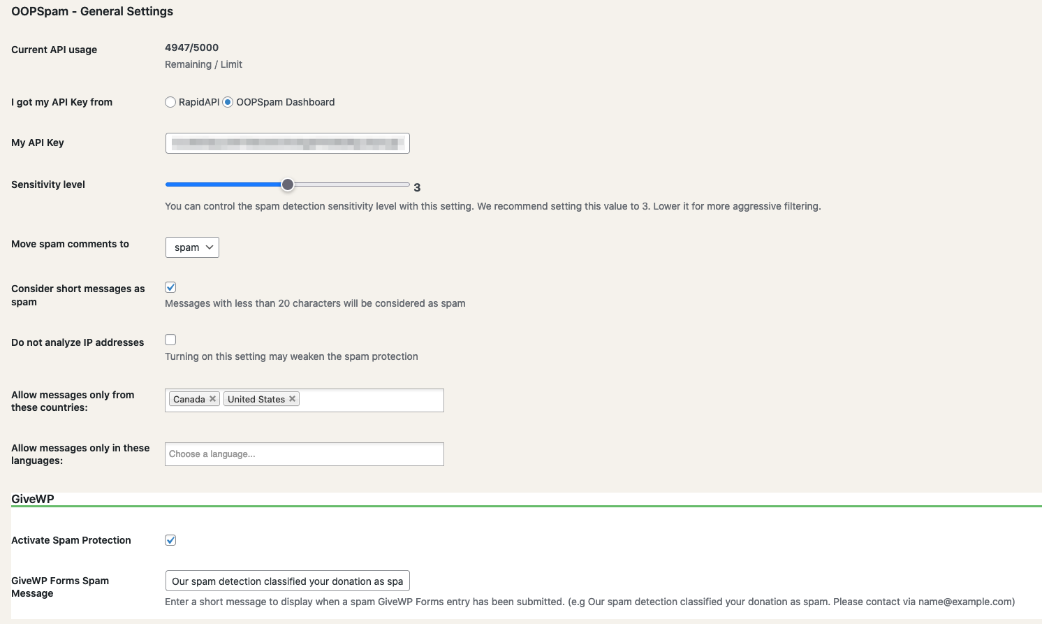 OOPSpam Anti-Spam WordPress Plugin Settings