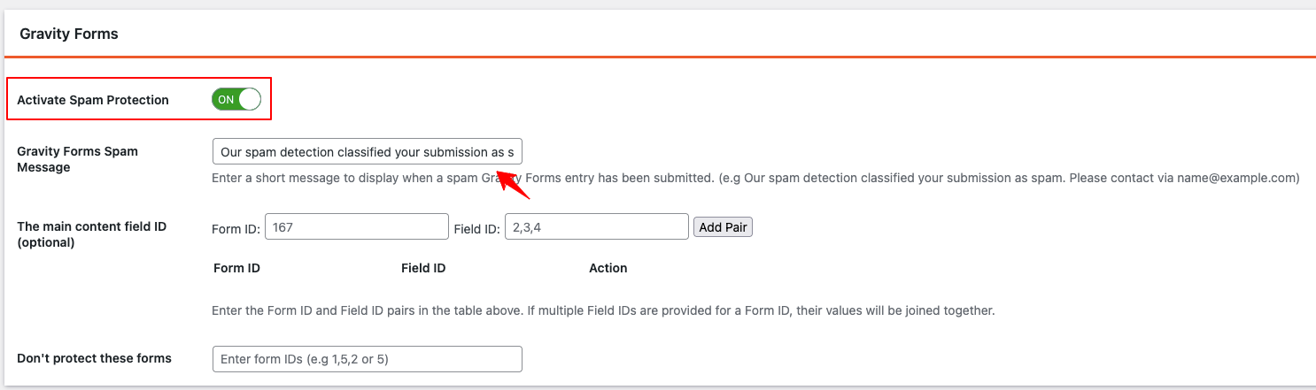 Activate Spam Protection on Gravity Forms