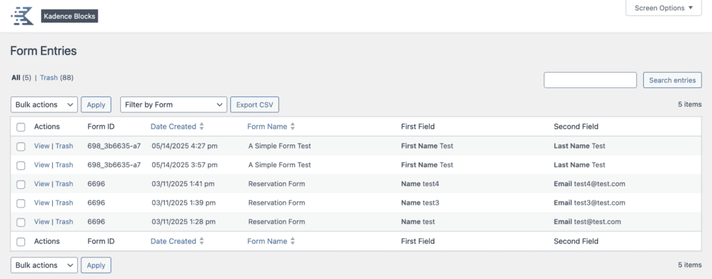 Kadence Form Entries