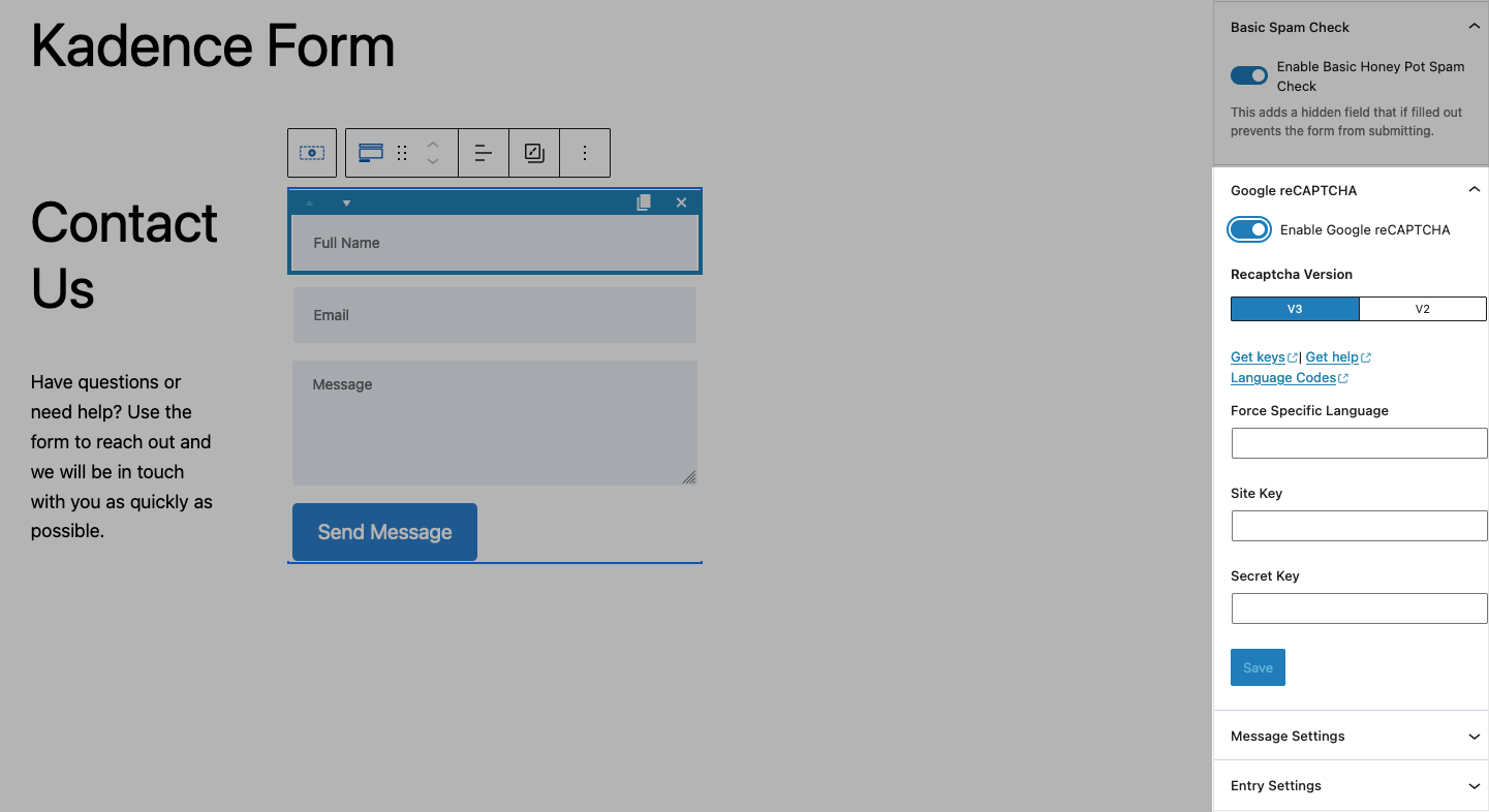 Kadence reCAPTCHA setting