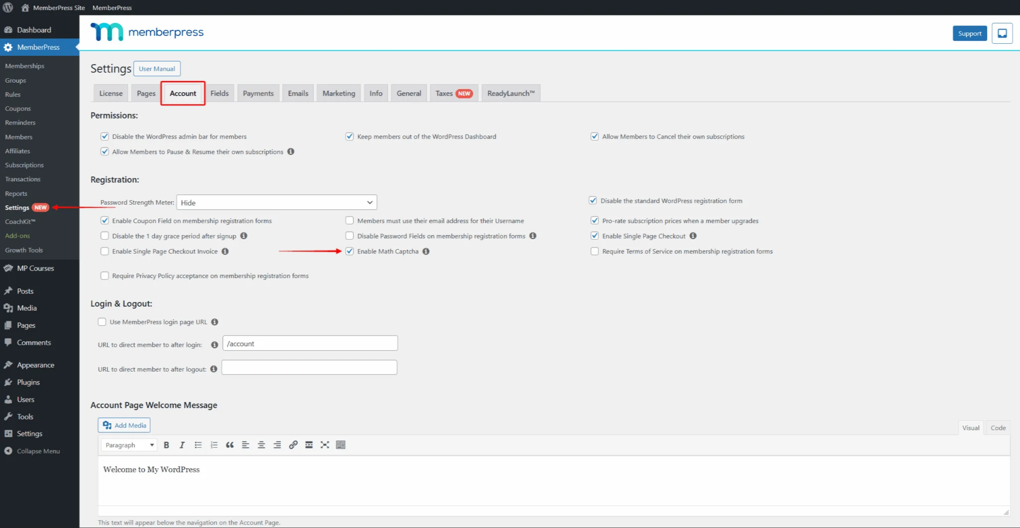 Enable Math CAPTCHA on registration pages under the Account settings tab. Enable Math CAPTCHA on registration pages under the Account settings tab.