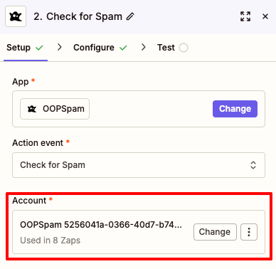 When prompted, paste in your OOPSpam API key to connect your account