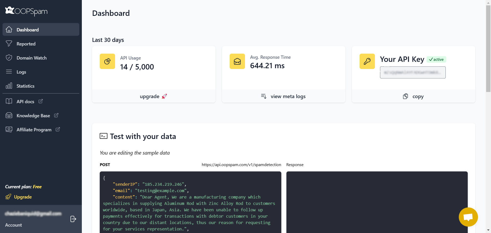 OOPSpam dashboard displaying API usage, response time, active API key, and spam test data.