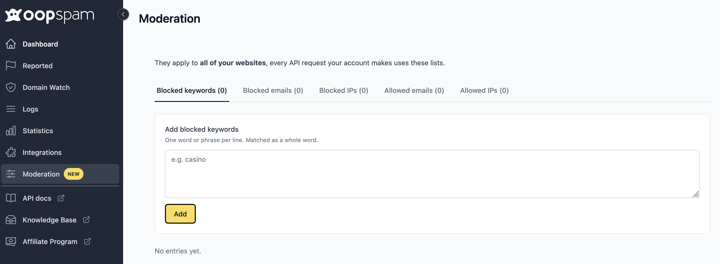 Steps via the oopspam Dashboard (All Your Websites at Once)