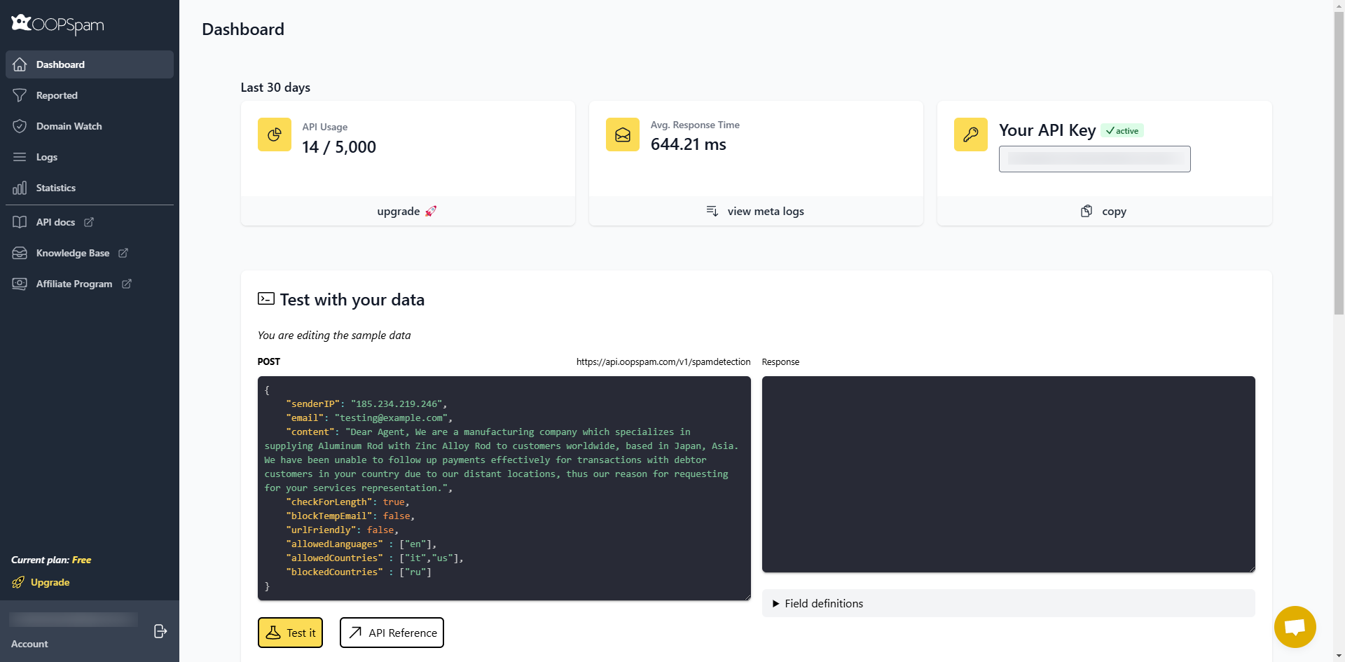 OOPSpam dashboard showing API usage, response time, active API key, and a test section for spam detection data with sample code.