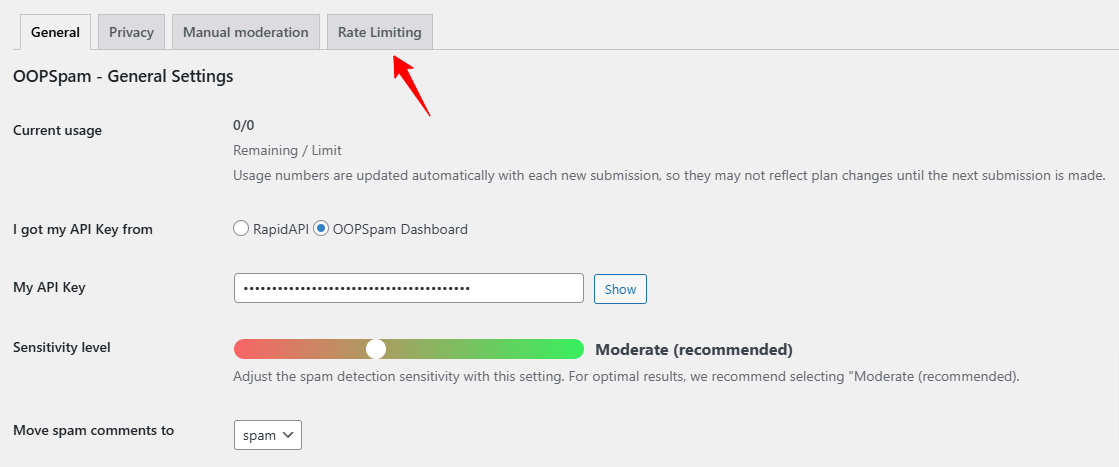 The OOPSpam General Settings panel, showing options for API key setup, sensitivity level adjustment, and spam comment management. The "Rate Limiting" tab is highlighted with a red arrow.