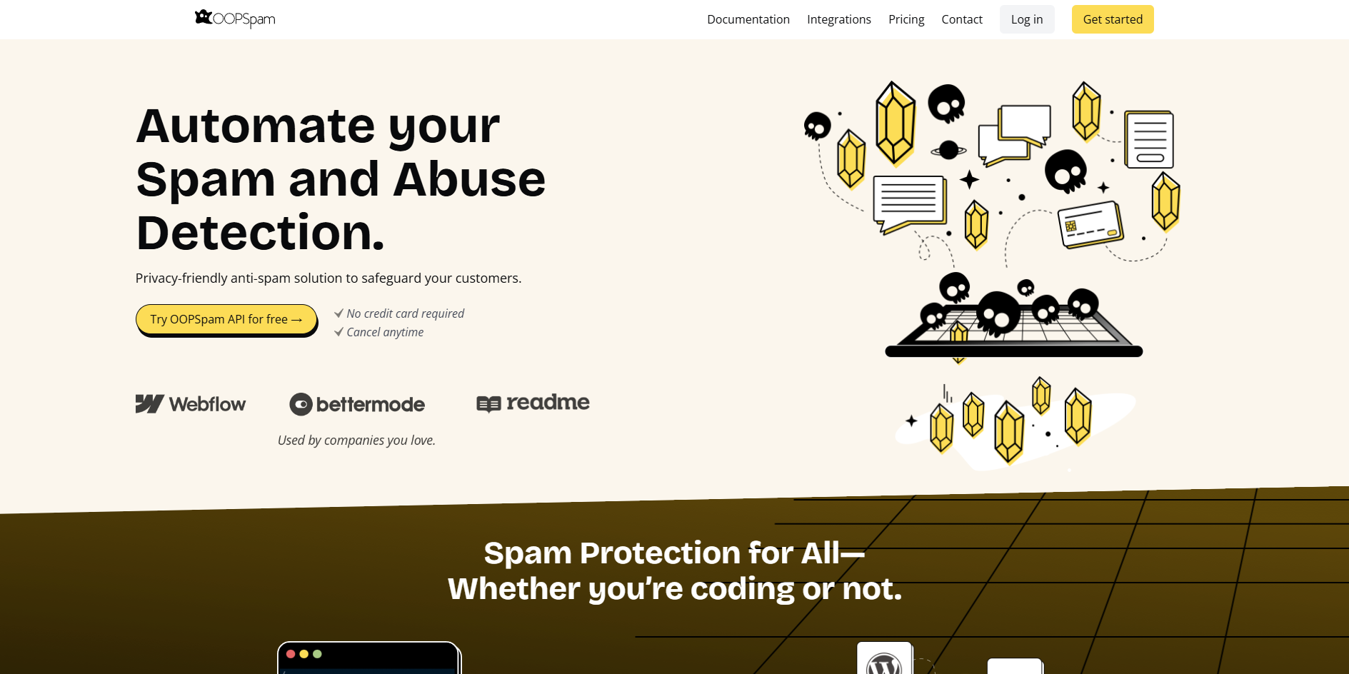 OOPSpam homepage showcasing its spam and abuse detection automation features.