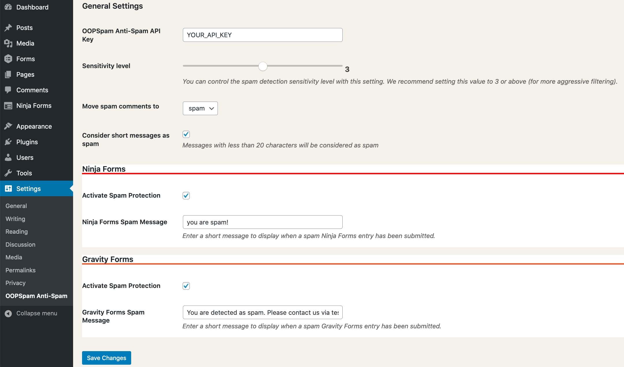 OOPSpam Anti-Spam WordPress Plugin Settings