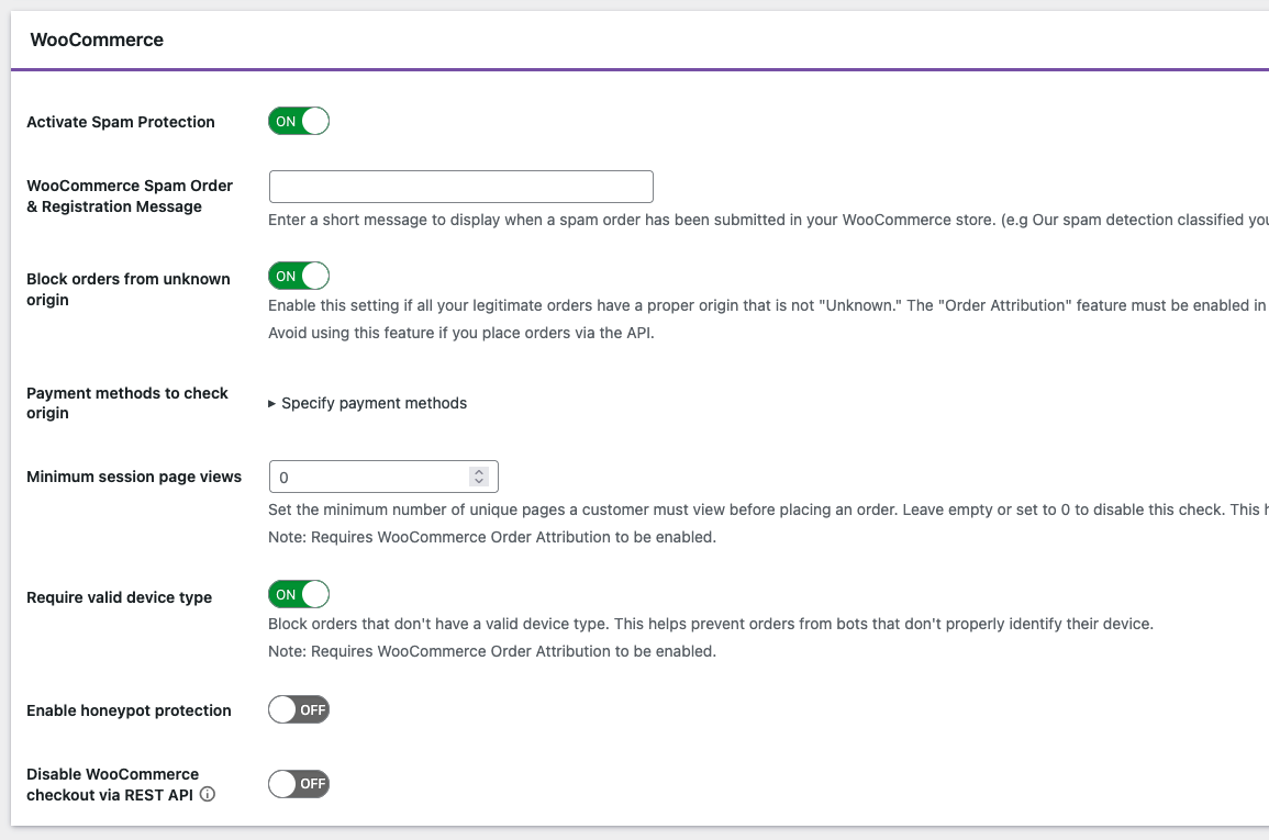 WooCommerce setting in the OOPSpam WordPress plugin