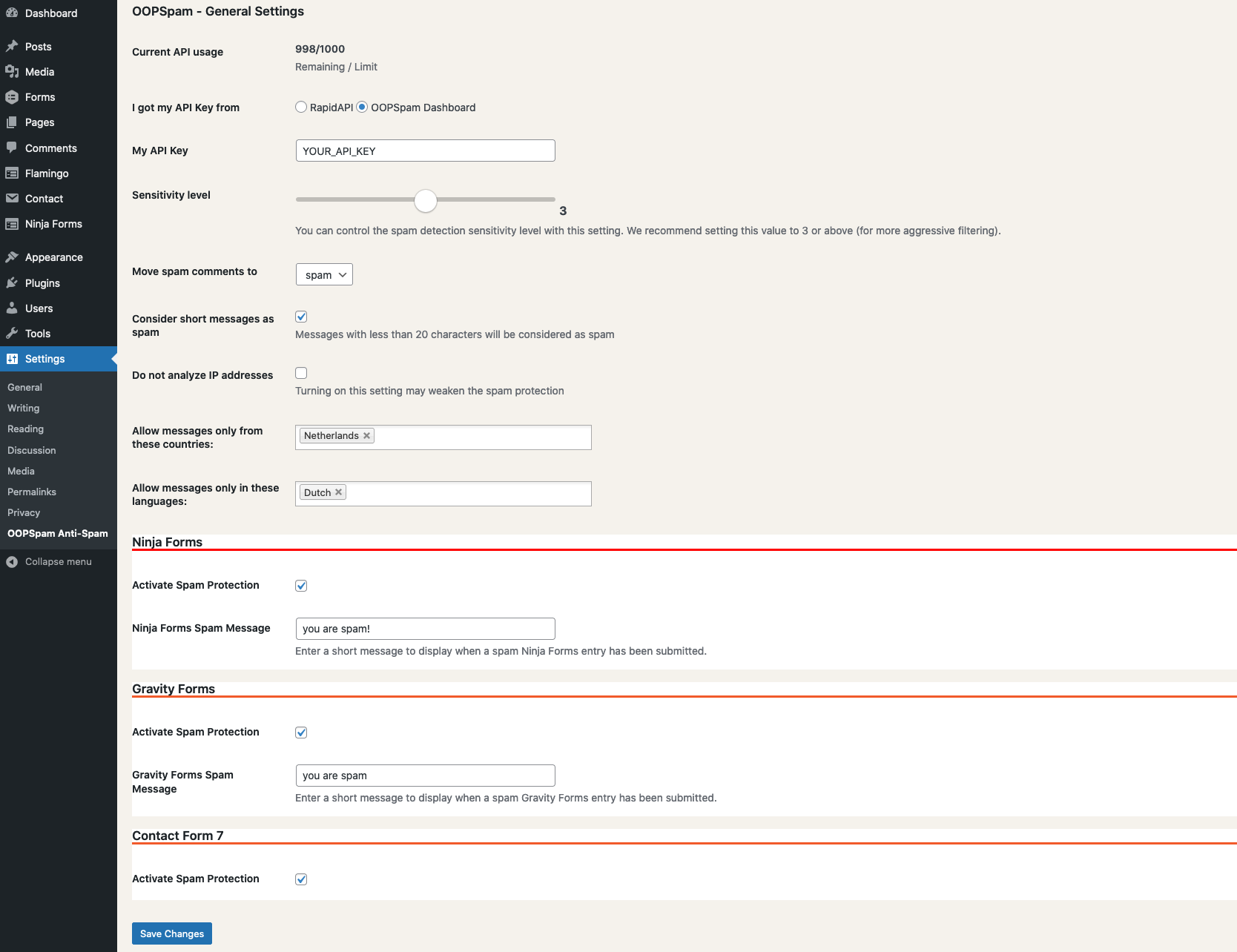 OOPSpam WordPress plugin Settings page