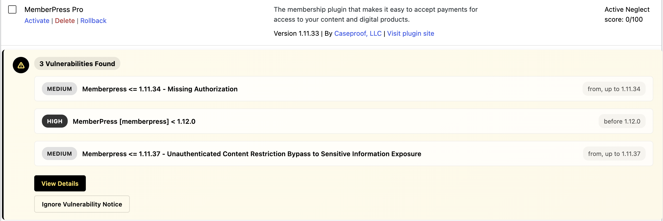 flagged plugin shows three vulnerabilities flagged plugin shows three vulnerabilities