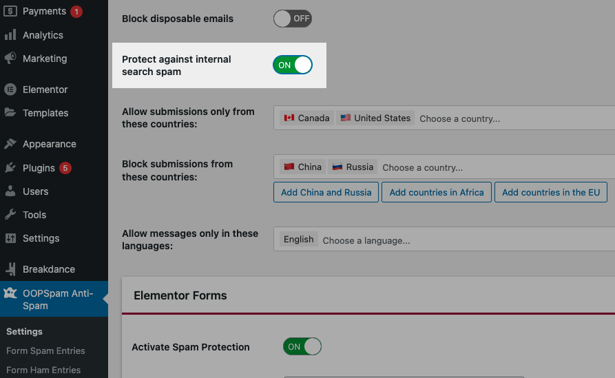 Protect against internal search spam