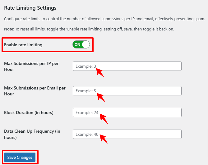 OOPSpam WordPress plugin Rate Limiting setting