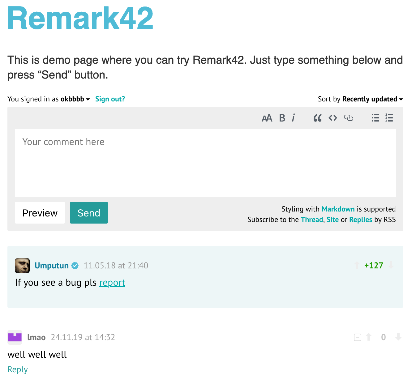Remark42 comment system