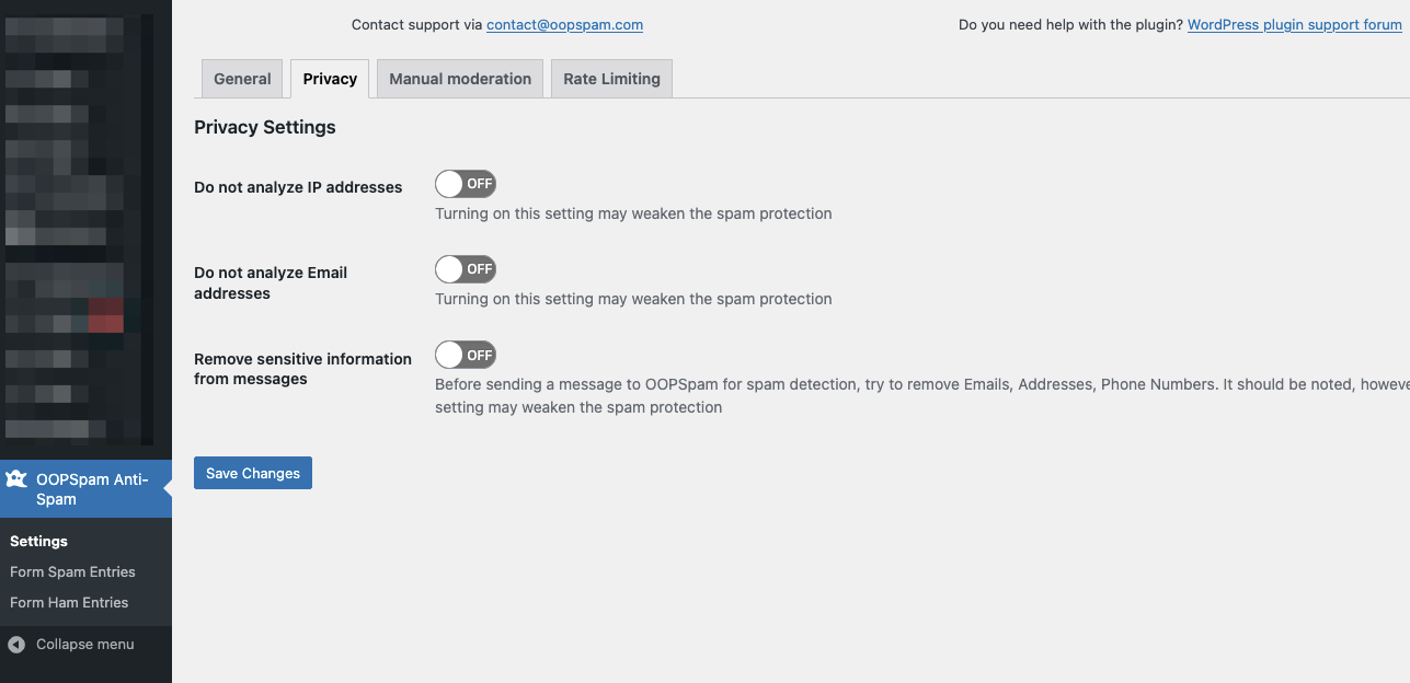 OOPSpam Anti-Spam plugin's "Privacy Settings" page, showing toggle options for disabling IP and email address analysis, and removing sensitive information from messages. All toggles are set to "OFF."