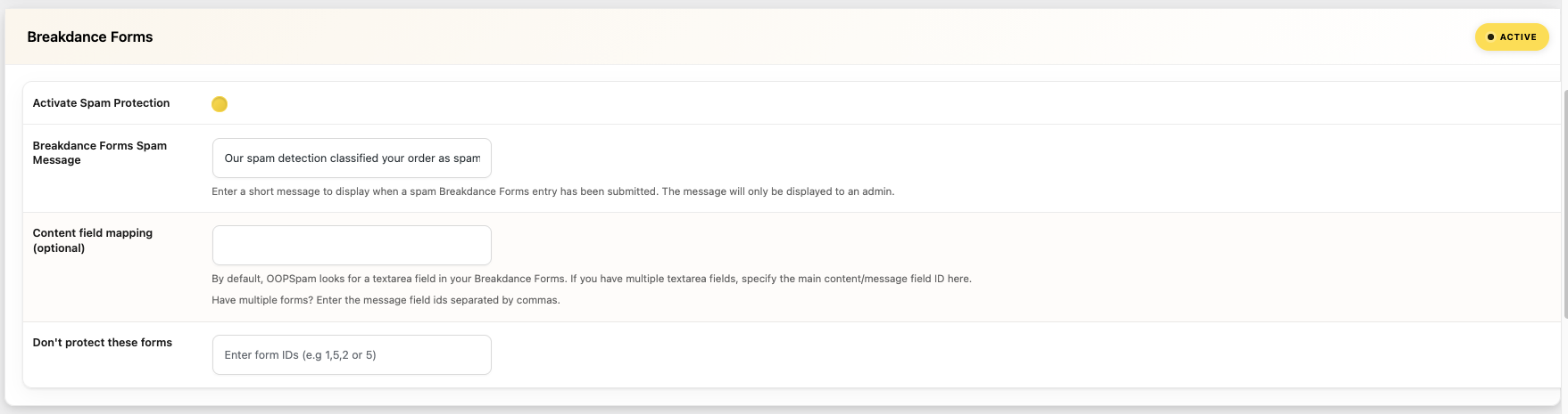 Enable Spam Protection for Breakdance Forms