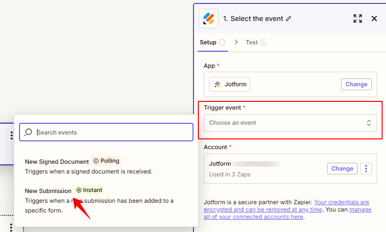 Create a Zap and Set the Trigger to “New Submission” in Jotform