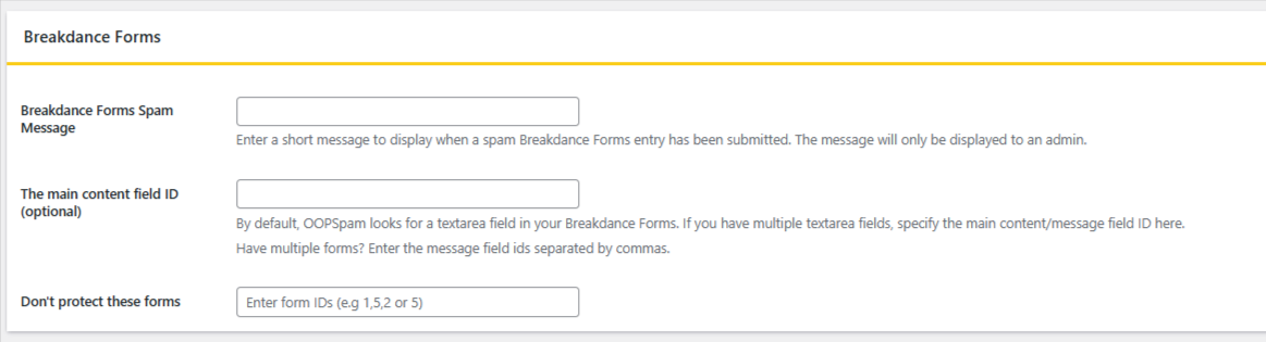 When Breakdance Forms is installed, spam protection settings will be shown.