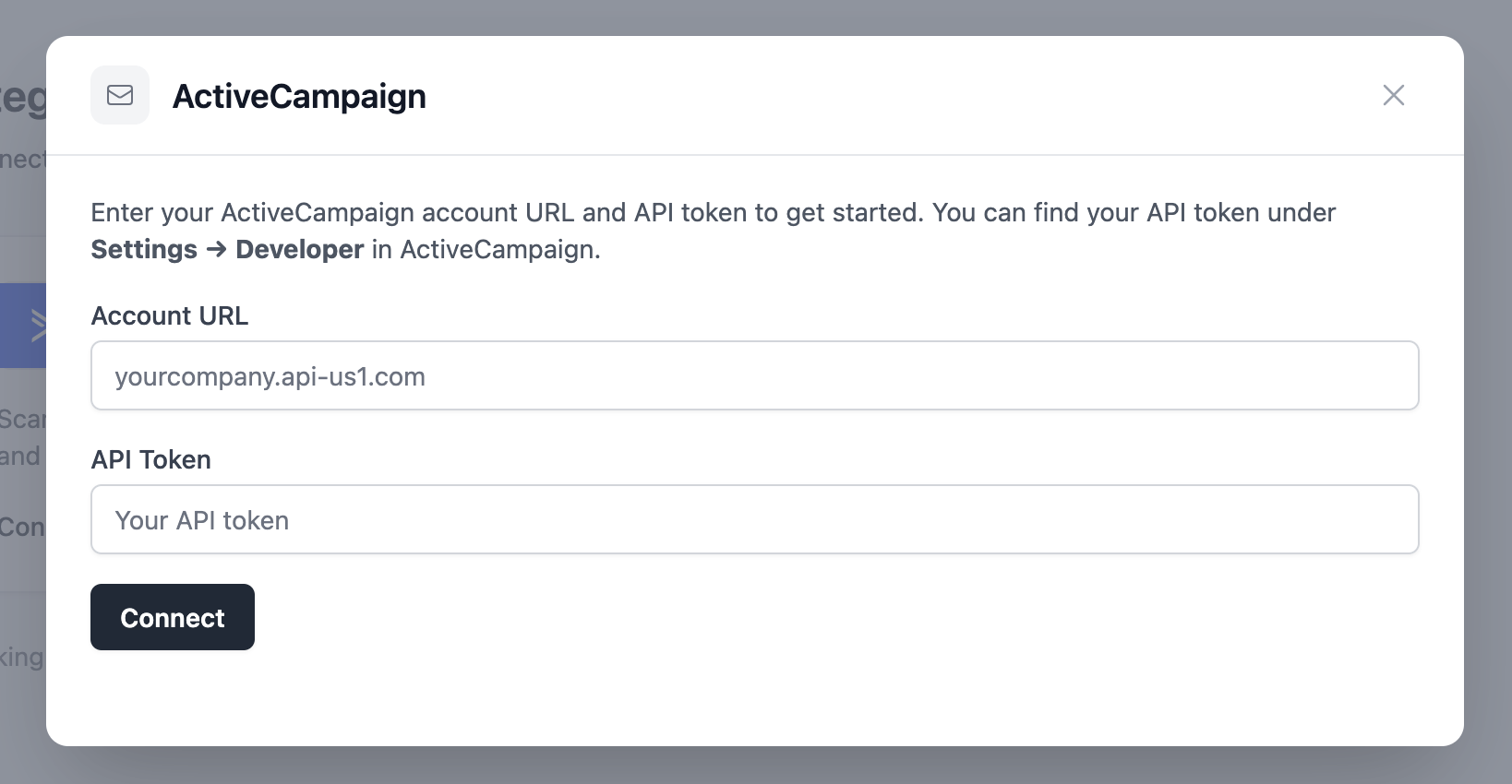 Enter your ActiveCampaign Account URL and API Token